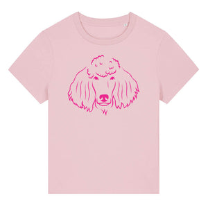 Magenta outline illustration of the head of a Poodle on the front of a cotton pink ladies t-shirt