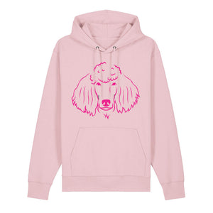 Magenta outline illustration of the head of a Poodle on the front of a cotton pink unisex Hoodie