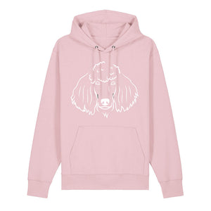 White outline illustration of the head of a Poodle on the front of a cotton pink unisex Hoodie
