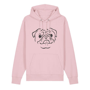 Black outline illustration of the head of a Pug on the front of a cotton pink unisex Hoodie
