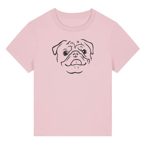 Black outline illustration of the head of a Pug on the front of a cotton pink ladies t-shirt