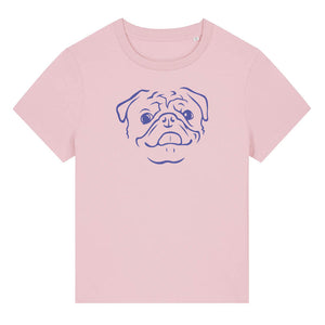 Blue outline illustration of the head of a Pug on the front of a cotton pink ladies t-shirt