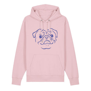 Blue outline illustration of the head of a Pug on the front of a cotton pink unisex Hoodie