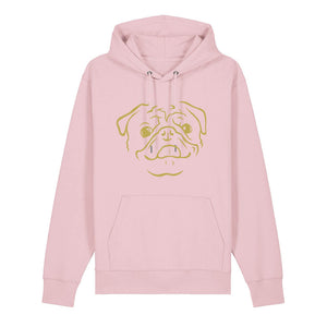 Gold outline illustration of the head of a Pug on the front of a cotton pink unisex Hoodie