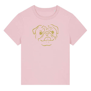 Gold outline illustration of the head of a Pug on the front of a cotton pink ladies t-shirt