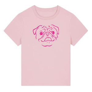 Magenta outline illustration of the head of a Pug on the front of a cotton pink ladies t-shirt