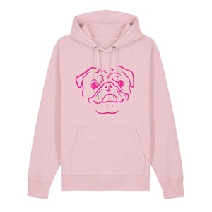 Magenta outline illustration of the head of a Pug on the front of a cotton pink unisex Hoodie