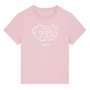 White outline illustration of the head of a Pug on the front of a cotton pink ladies t-shirt