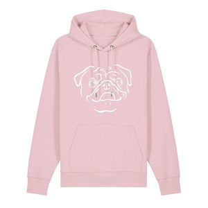 White outline illustration of the head of a Pug on the front of a cotton pink unisex Hoodie