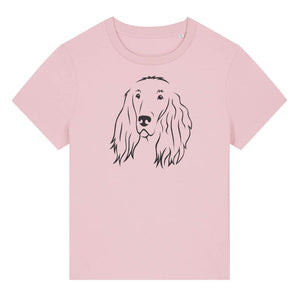 Black outline illustration of the head of an Irish Red Setter on the front of a cotton pink ladies t-shirt