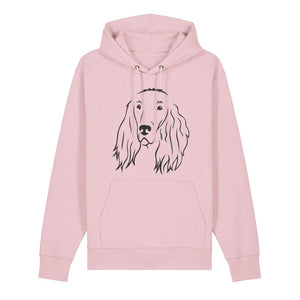 Black outline illustration of the head of an Irish Red Setter on the front of a cotton pink unisex Hoodie