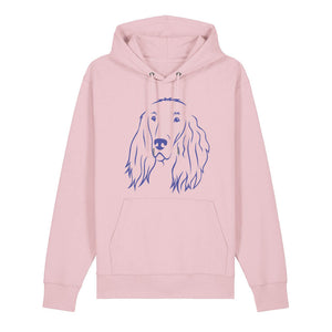 Blue outline illustration of the head of an Irish Red Setter on the front of a cotton pink unisex Hoodie