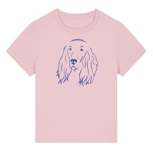 Blue outline illustration of the head of an Irish Red Setter on the front of a cotton pink ladies t-shirt