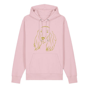 Gold outline illustration of the head of an Irish Red Setter on the front of a cotton pink unisex Hoodie