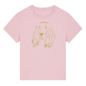 Gold outline illustration of the head of an Irish Red Setter on the front of a cotton pink ladies t-shirt