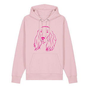 Magenta outline illustration of the head of an Irish Red Setter on the front of a cotton pink unisex Hoodie