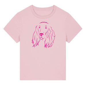 Magenta outline illustration of the head of an Irish Red Setter on the front of a cotton pink ladies t-shirt