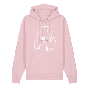 White outline illustration of the head of an Irish Red Setter on the front of a cotton pink unisex Hoodie