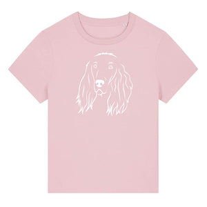 White outline illustration of the head of an Irish Red Setter on the front of a cotton pink ladies t-shirt