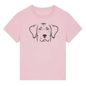 Black outline illustration of the head of a Rhodesian Ridgeback on the front of a cotton pink ladies t-shirt