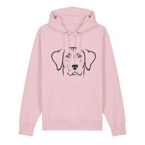 Black outline illustration of the head of a Rhodesian Ridgeback on the front of a cotton pink unisex Hoodie