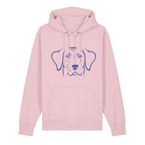 Blue outline illustration of the head of a Rhodesian Ridgeback on the front of a cotton pink unisex Hoodie