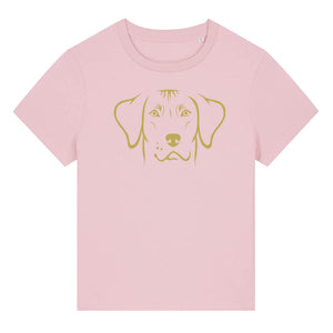 Gold outline illustration of the head of a Rhodesian Ridgeback on the front of a cotton pink ladies t-shirt