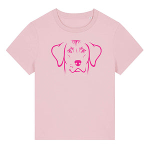 Magenta outline illustration of the head of a Rhodesian Ridgeback on the front of a cotton pink ladies t-shirt