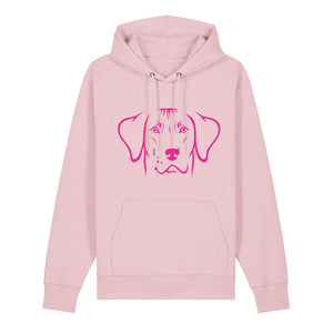 Magenta outline illustration of the head of a Rhodesian Ridgeback on the front of a cotton pink unisex Hoodie