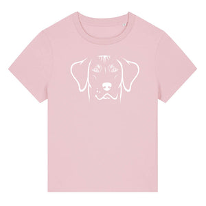 White outline illustration of the head of a Rhodesian Ridgeback on the front of a cotton pink ladies t-shirt
