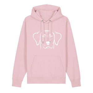 White outline illustration of the head of a Rhodesian Ridgeback on the front of a cotton pink unisex Hoodie
