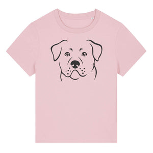 Black outline illustration of the head of a Rottweiler on the front of a cotton pink ladies t-shirt
