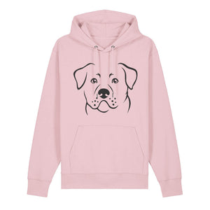 Black outline illustration of the head of a Rottweiler on the front of a cotton pink unisex Hoodie
