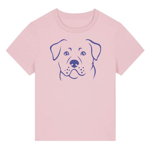 Blue outline illustration of the head of a Rottweiler on the front of a cotton pink ladies t-shirt