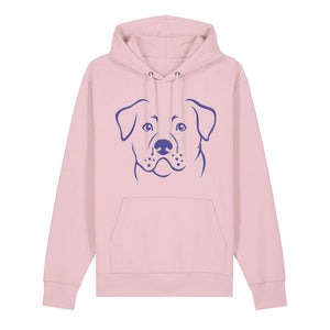 Blue outline illustration of the head of a Rottweiler on the front of a cotton pink unisex Hoodie