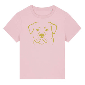 Gold outline illustration of the head of a Rottweiler on the front of a cotton pink ladies t-shirt