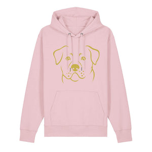 Gold outline illustration of the head of a Rottweiler on the front of a cotton pink unisex Hoodie