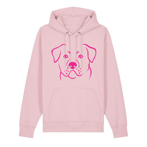 Magenta outline illustration of the head of a Rottweiler on the front of a cotton pink unisex Hoodie