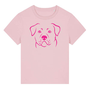 Magenta outline illustration of the head of a Rottweiler on the front of a cotton pink ladies t-shirt