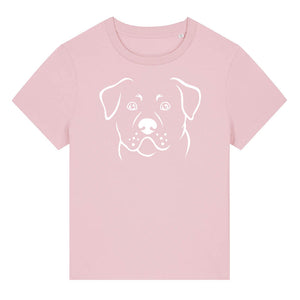 White outline illustration of the head of a Rottweiler on the front of a cotton pink ladies t-shirt