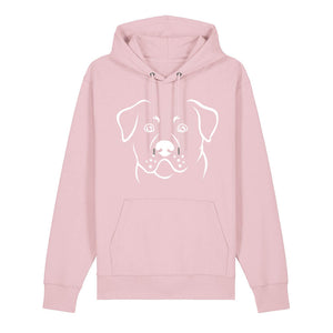 White outline illustration of the head of a Rottweiler on the front of a cotton pink unisex Hoodie