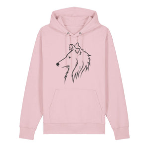 Black outline illustration of the head of a Rough Collie on the front of a cotton pink unisex Hoodie