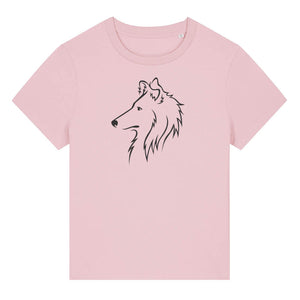 Black outline illustration of the head of a Rough Collie on the front of a cotton pink ladies t-shirt