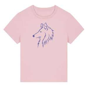 Blue outline illustration of the head of a Rough Collie on the front of a cotton pink ladies t-shirt