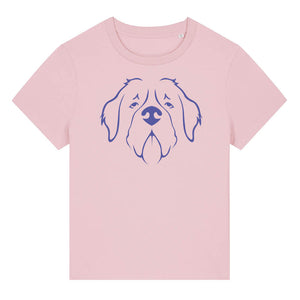 Blue outline illustration of the head of a Saint Bernard on the front of a cotton pink ladies t-shirt