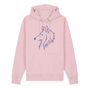 Blue outline illustration of the head of a Rough Collie on the front of a cotton pink unisex Hoodie