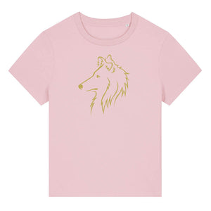 Gold outline illustration of the head of a Rough Collie on the front of a cotton pink ladies t-shirt