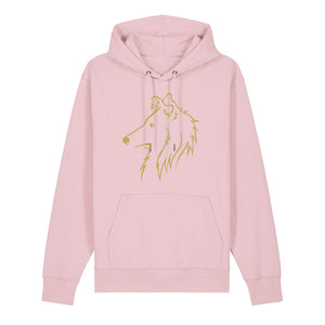 Gold outline illustration of the head of a Rough Collie on the front of a cotton pink unisex Hoodie