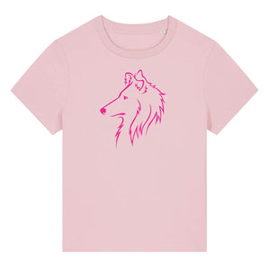 Magenta outline illustration of the head of a Rough Collie on the front of a cotton pink ladies t-shirt