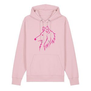 Magenta outline illustration of the head of a Rough Collie on the front of a cotton pink unisex Hoodie
